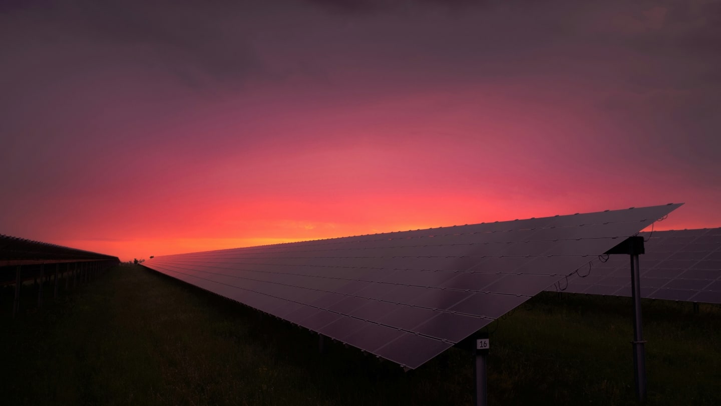 Solaranlage bei Sonnenuntergang mit intensivem rosa und violettem Himmel, Paneele in Reihen angeordnet, dunkle Vegetation im Vordergrund.